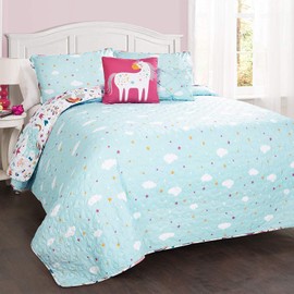 PB&J Unicorn Heart 5 Piece Quilt Bedding Set, White/Multi, Full/Queen