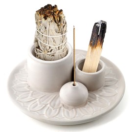 Meltset M Palo Santo Holder, Incense Stick Holder, Sage Holder for Burning, 4 in 1 Ceramic Incense Holder Candle Holder Ash Catcher smudge stick holder for Meditation Yoga Room (White)