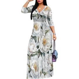 Women's Casual Floral Maxi Dresses V Neck 3/4 Sleeve Tie Waist Dress Summer Dresses for Women 2025 Small