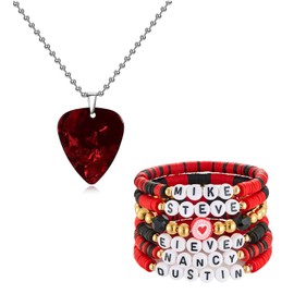 Axepet Eddie Necklace Bracelet Set Strange Horror Thing Guitar Pick Pendant Necklace Eleven Movie Merch Bracelet Holiday Gift Halloween Costume Cospaly Jewelry