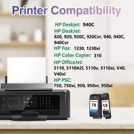 Zencoma Ink Cartridge 78 15 Replacement for HP 15 78 Ink C6615DN & C6578AN for HP 940C Ink Deskjet 812c PSC 750 Officejet V40 G85 Ink(1Black/1Tri-Color, 2Pack)