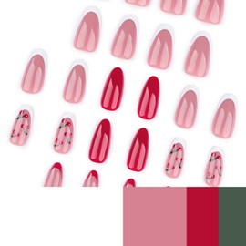 Almond Press on Nails Short Fake Nails with Cherry designs Stick on Nails Glossy Nude False Nails Full Cover White Red French Tip Acrylic Nails Gel Glue on Nails for Women Girls DIY Manicure24pcs