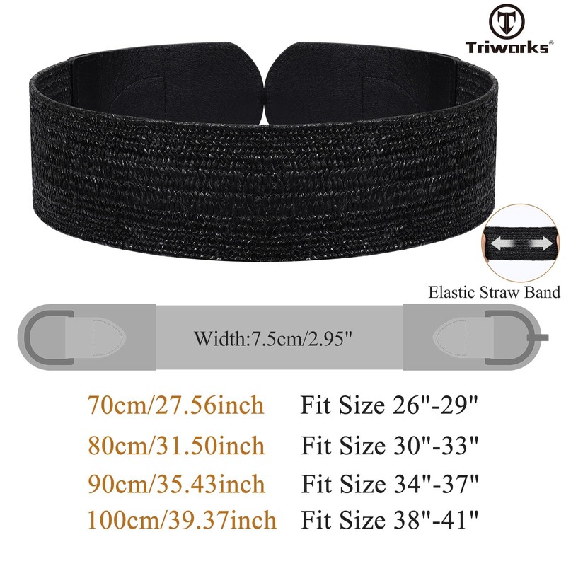 TRIWORKS Straw Woven Elastic Belt for Women Wide Boho Braided