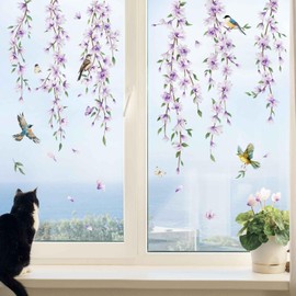 Summer Hanging Vine Flower Window Clings Purple Floral Leaves Birds Window Decals Anti Collision Double-Side Static Window Stickers for Home Store Window Glass Door Decoration