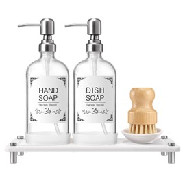 Johamoo Kitchen Soap Dispenser Set, 16Oz White Glass Dispenser with Stainless Steel Pump, Instant Dry Tray, Waterproof Labels, Non-Slip Silicone Pad, Luxury Soap Dispenser Set for Kitchen, Bathroom