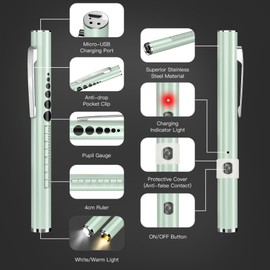 COSOOS 2 Rechargeable Penlights with Pupil Gauge & Ruler, Mini LED Pen Lights for Nurse Doctor, Warm & White Light, Chargeable Penlight with Clip, Flashlight for Nursing Student