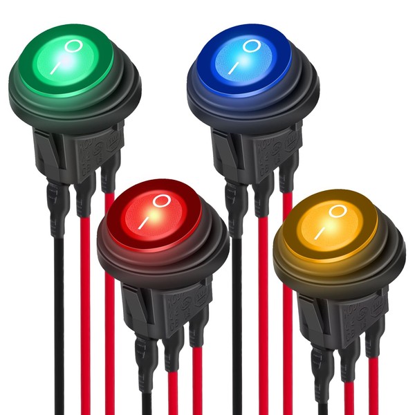 EEEKit Pack of 4 Waterproof Round Toggle Switch, 12V 20A SPST 3-Pin Lights Rocker Switch and 4 Colours LED Switch with 20 cm Pre-Wired for Boat, Car, Truck, Motorhome, Household Appliances