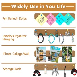 8 Pack Felt Pin Board Bar Strips Bulletin Board for Bedrooms Offices Home Wall Decoration, Notice Board Self Adhesive Cork Board with 50 Push Pins for Paste Notes, Photos, Schedules