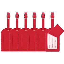 Luggage Tags, 6 Pcs Leather Suitcase Labels Travel Luggage Tag with Name ID Card Baggage Labels Tags for Luggage Bags Backpacks Cruise Waterproof Travel Accessories（Red）
