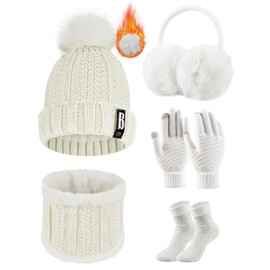 Tuopuda Winter Hat Gloves Women's Warm Beanie Winter Hat Knitted Hat Scarf Knitted Gloves Thickened Socks Plush Earmuffs Combination Set Gift for Outdoor Sports Warming, White