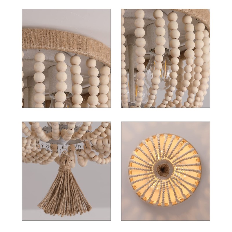 AMZASA Boho Flush Mount Ceiling Light Wooden Beaded Hepm Rope
