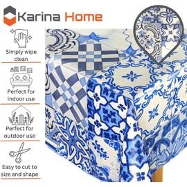 Karina Home Moroccan Tiles Blue Wipe Clean Tablecloth Vinyl PVC (Moroccan Tiles Blue, 180cm x 140cm)