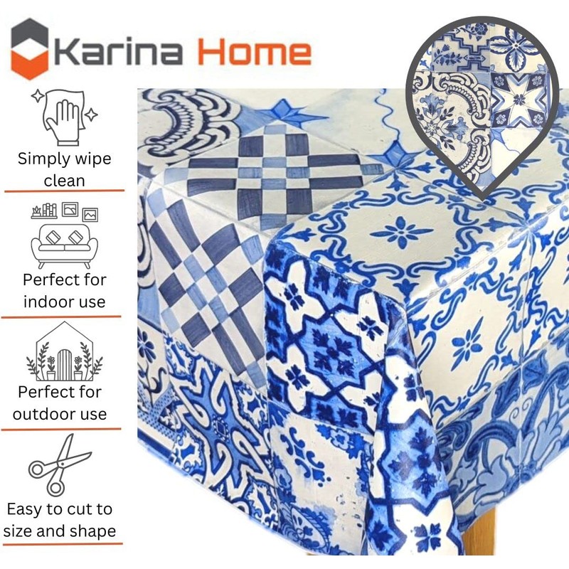 Karina Home Moroccan Tiles Blue Wipe Clean Tablecloth Vinyl PVC