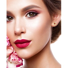 Rose Flower Gold Plated Stud Earrings For Women 925 Sterling Silver Post,Cubic Zirconia Hypoallergenic & Nickel Free Jewelry, 0.35, Brass, Ruby