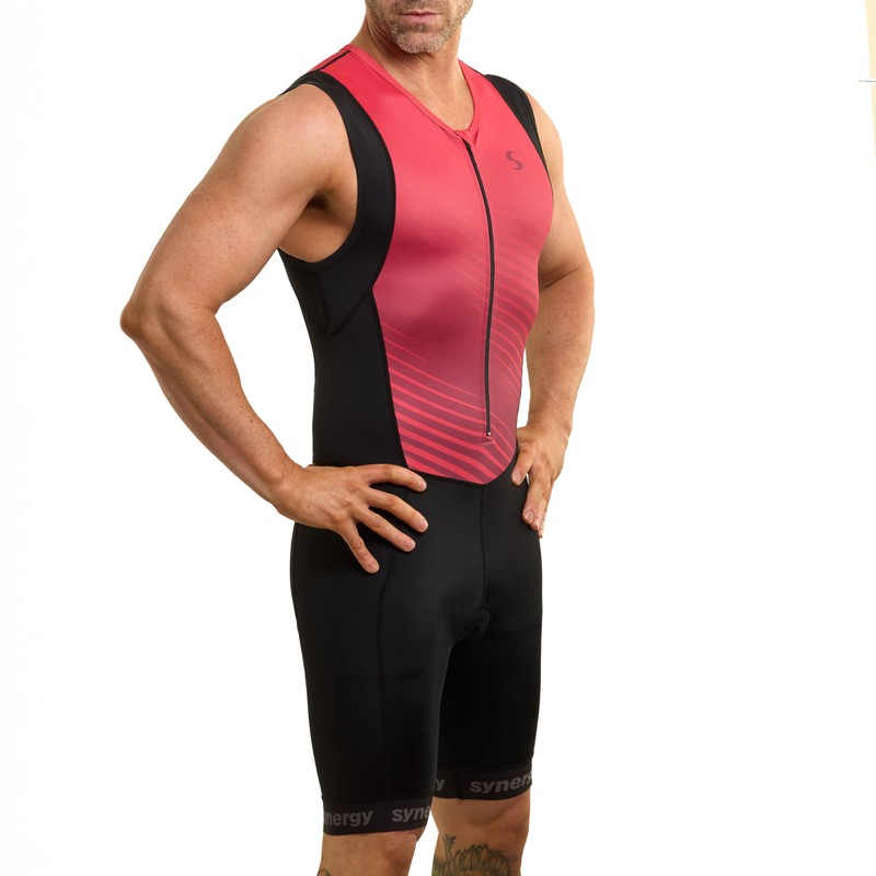 Synergy Triathlon Tri Suit - Men's Race Sleeveless Trisuit (Black/Ruby,