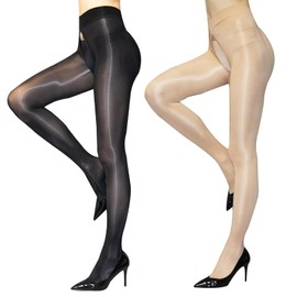 HTRUIYA 2 Pairs Shiny Pantyhose for Women 8D Sheer Tights Oily Gloss Pantyhose Invisible Zip Tights Smooth Stockings