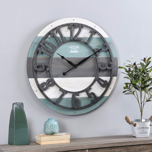 FirsTime & Co. Teal Shabby Planks Wall Clock, Large Vintage Decor for Living Room, Home Office, Round, Wood, Farmhouse, 27 inches