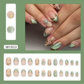 24Pcs Short Almond Press on Nails Green French Tip Fake Nails Chrome Line Leaves Designs Glossy Acrylic Nails 3D Gold Flower Nails Artificial Oval Almond Nail Tips False Nails Glue on Nails for Women