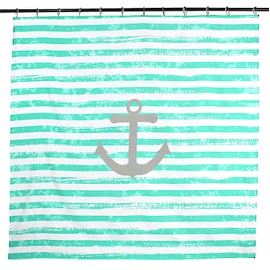 Coastal Collection Anchor Stripe Fabric Shower Curtain: Bright Aquamarine Distressed Stripes with Grey Anchor on White Background