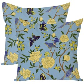 HERHOME Grandmillennial Throw Pillow Covers 18x18 Inch Yellow Floral Butterfly Bird Chinoiserie Blue Vintage Outdoor Summer Decorations Decorative Throw Pillows Cases Set of 2 for Room Couch Decor