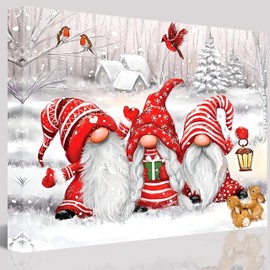 TYPTEK Winter Gnome Fantasy Canvas Wall Art Christmas Snow Scene Decor with Three Gnomes, Two Squirrels, and Three Birds for Living Room 12x16 inch