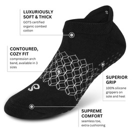 Pilates Yoga Barre Non Slip Grip Socks, Black Medium Unisex Size 23-25cm, GOTS Certified Organic Combed Cotton, Anti Slip Low Cut Trainer Height Gripper Socks