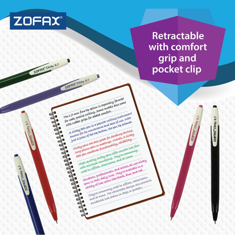 ZOFAX Clicky Retractable Ballpoint Pens, BLACK, Fine Point (0.7mm), Pack