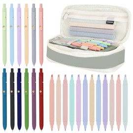 25PCS Aesthetic School Supplies with Big Capacity Pen Case, 12pcs Bible Highlighters & 12pcs Colored Pens Set, No Bleed Pastel Highlighters Assorted Colors Bible Pens for Bible Study Supplies (Green)