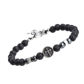 QOWIJEX Men's Bracelet with Cross Pearl Bracelet with Black 6 mm Lava Stone Gift for Men Made of Real Natural Stones