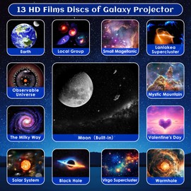 Galaxy Projector for Bedroom Pro Version, HD 12 in 1 Film Discs Star Projector with Bluetooth Galaxy Light, Planetarium Projector with Timer, White Noise, 360 ° Rotation, Remote Control，Black