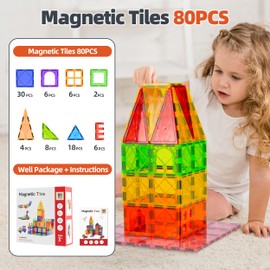 Meuzhen 80Pcs Magnetic Tiles - Diamond Magnet Toys 3D Building Blocks for Kids Ages 3+,Toddler Montessori Toys for STEM Preschool Kids Sensory Educational Gifts for Boys & Girls