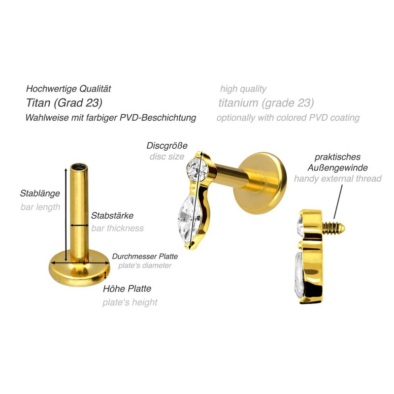 PIERCINGLINE Titanium Labret with Internal Thread Crystal Leaf Piercing Ear