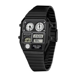 MASTOP Retro Square Digital Watch with Temperature Display Unisex 7.5Inch Analog 3 Time Zones Luminous Backlight 50M Waterproof Alarm Stopwatch Week/Date (Black White)