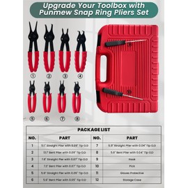 Punmew Snap Ring Pliers 11 pcs .038in - .09in (1-2.3mm) Straight & Bent Retaining Snap Ring Pliers and Circlip Removal Tool
