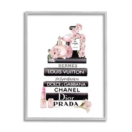 Stupell Industries Chic Pink Toiletry Cosmetics Glam Fashion Books, Designed by ROS Ruseva Gray Framed Wall Art, Black