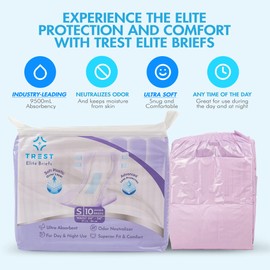 TREST Elite Briefs for Men and Women, Overnight Diapers for Incontinence, Elite Absorbency, Comfortable, Odor Neutralizing and Secure Fit with 2 Wide Tabs - Purple, Small (Pack of 10)