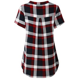 Odosalii Womens Zip Up Plaid Tunic Blouse Rolled Up Sleeve Polo Top Check Shirts (X-Large, Red-Short Sleeve)