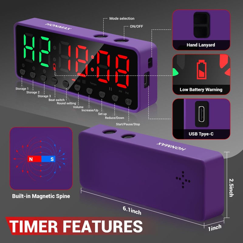Honmax Portable Gym Timer, Interval Fitness Interval Timer (Violet)