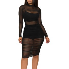 LYANER Women's Mesh Dress Long Sleeve Bodycon 3 Piece Outfits with Cami Shorts Black Large