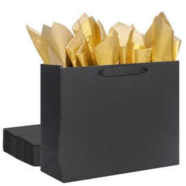 QIELSER 12 Pack Kraft Gift Bags Bulk Extra Large Size with Tissue Paper 16x6x12 Inches, Black Paper Bags with Ribbon Handles for Party Favor, Shopping, Retail, Wedding, Business, Birthday, Christmas