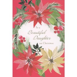 Pictura Poinsettia and Pine Wreath Border on Red Background Christmas Card for Daughter