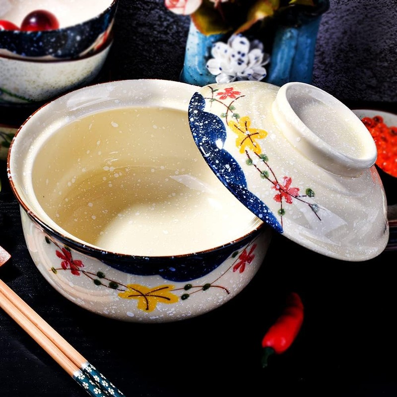 Fignner Japanese Style Ceramic Ramen Bowl with Lid Soup Bowls