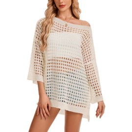 FINOCEANS Beach Cover Ups for Women Bathing Suit Crochet Hollow Out Cover Up Swimwear Loose Knit Outfits Tops Apricot