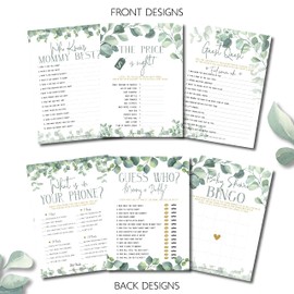 Baby Shower Games (Set of 6 Fun Activities for 25 Guests) - Neutral Greenery Floral Eucalyptus Theme - Perfect for Boy or Girl - 1 Game Printed Per Side