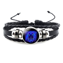 ANGLEQUEEN Spirit Leo Bracelet Zodiac Tie Constellation Bracelet 12 Constellation Zodiac Signs Guardian Fluorescent Woven Black Leather Bracelet for Women Men Jewelry (E-Leo(7.23-8.22))