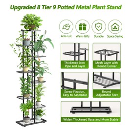 Corner Plant Stand Indoor 8 Tier 9 Potted with Gardening Tools and Gloves, Upgraded Tall Metal Plant Shelf Organizer Outdoor, Multiple Flower Holder Display Rack for Patio, Garden, Balcony, Living