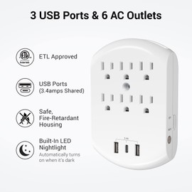 Clear Power 2-Pack USB Wall Charger, 6-Outlet Extender Wall-Tap with 2 USB Charging Ports(1 USB-C) & Nightlight, Multi-Plug Outlets, 3-Prong, White, DC3S-10052P-DC