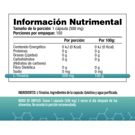 L-Tirosina - 100 Cápsulas - 1500 mg por porción (3 Cápsulas al Día) - Suplemento Aminoácido Deportivo - S&V