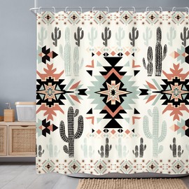 Newsely Western Aztec Cactus Shower Curtain 72Wx72H Inch Southwestern Boho Tribal Geometric Ethnic Shower Curtain Bathroom Set Navajo Native American Waterproof Bath Decoration Accessories Home Decor