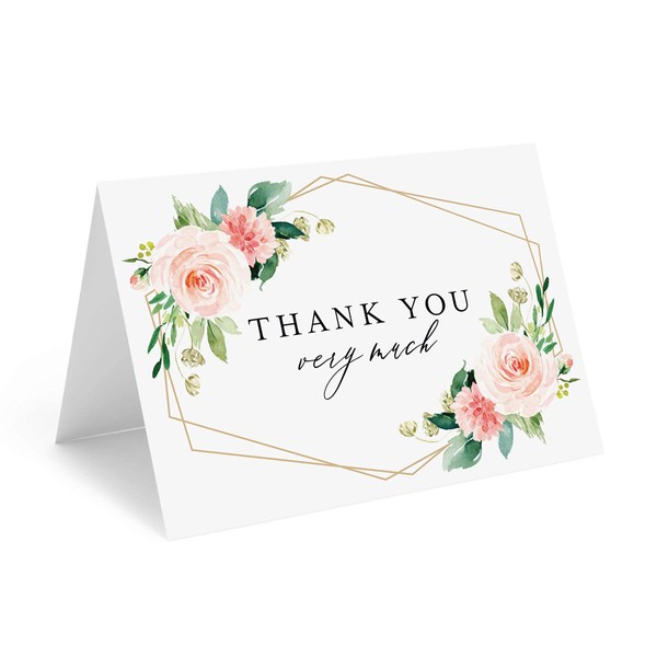 Bliss Collections Thank You Cards - 25 Geo Floral Cards with Envelopes, 4 x 6 Uncoated, Heavyweight Card Stock for Weddings, Receptions, Bridal Showers, Baby Showers, Graduations, Special Events